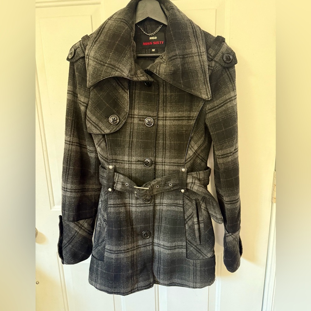 Miss Sixty Black Plaid Trench Coat